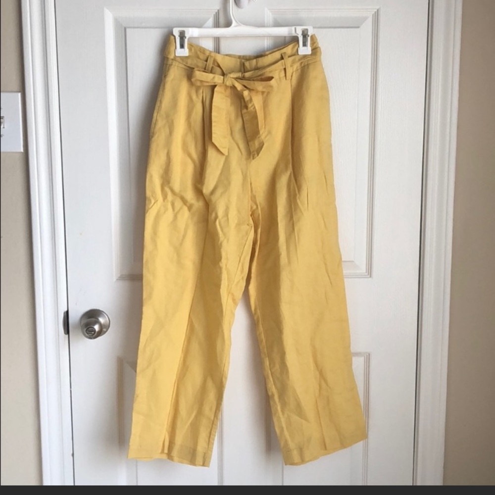 Zara cropped Yellow Linen paper bag pants